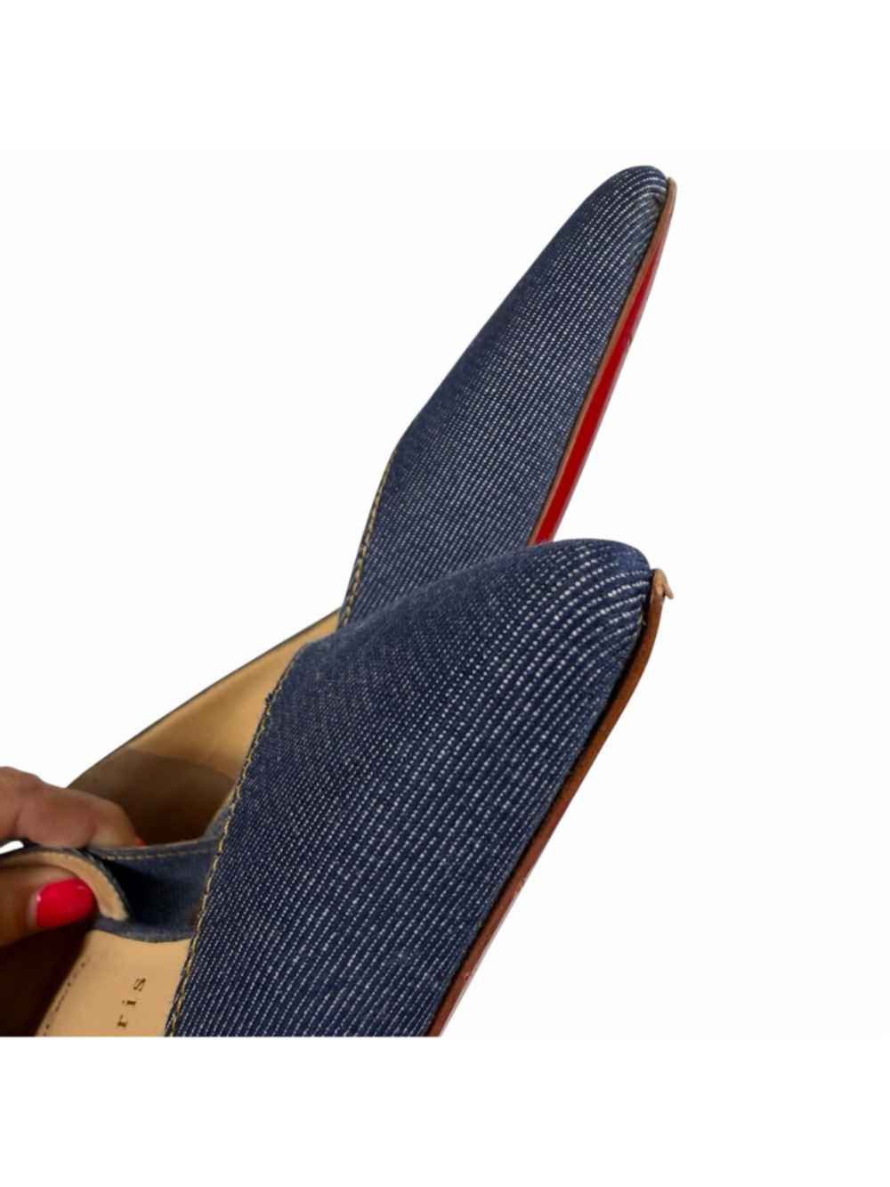 Christian Louboutin Karera 45 Denim Pointed Toe D’Orsay Pumps Wood Heel EU 39 - Picture 13 of 16